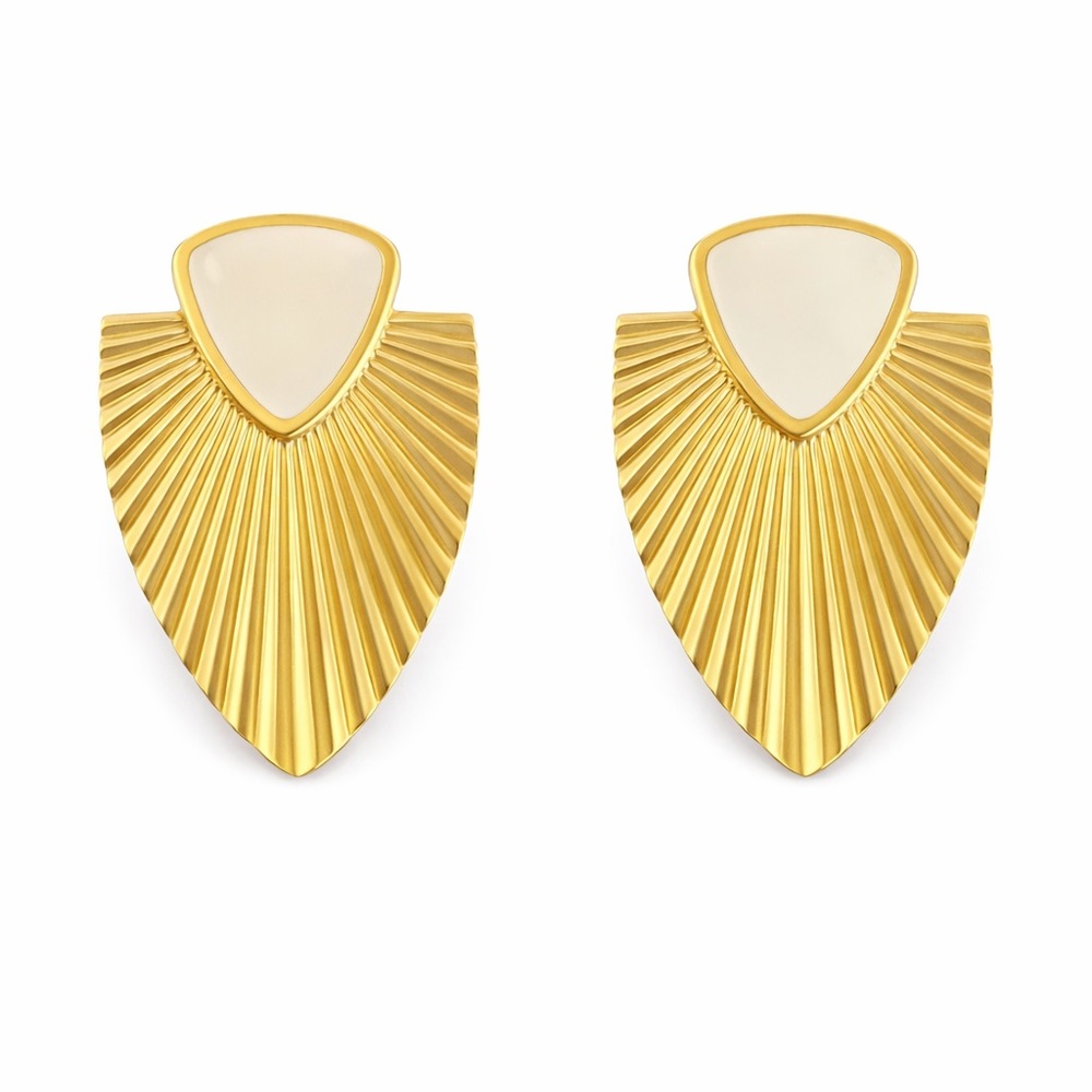 Vintage Gold Tone Fan Drop Earrings w/ Cream Enamel – Statement Retro
